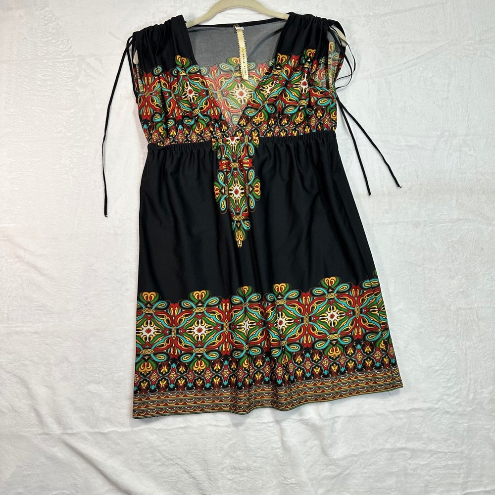 Uncle Frank Boho Empire Waist Dress M Black Multi Paisley Geometric Womens‎